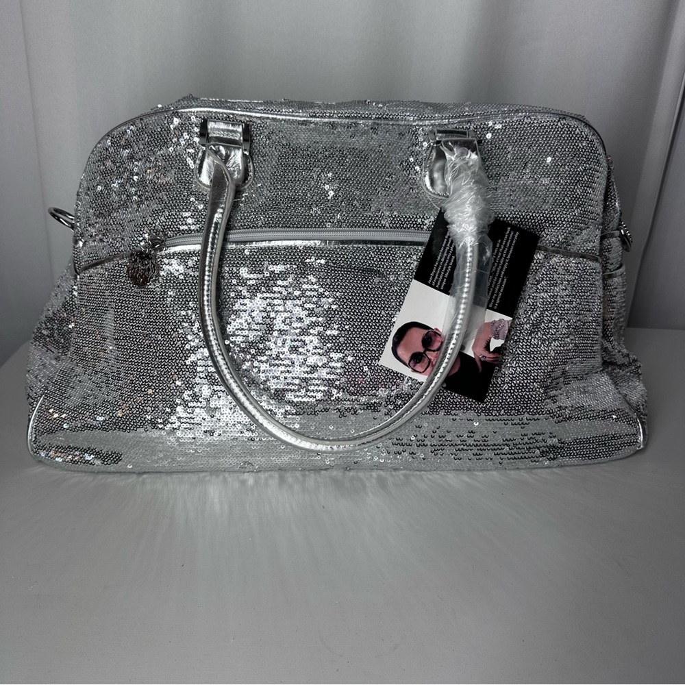 Joan Boyce Silver Sequin Weekender Travel Bag Glam Overnight NWT - Picture 2 of 16